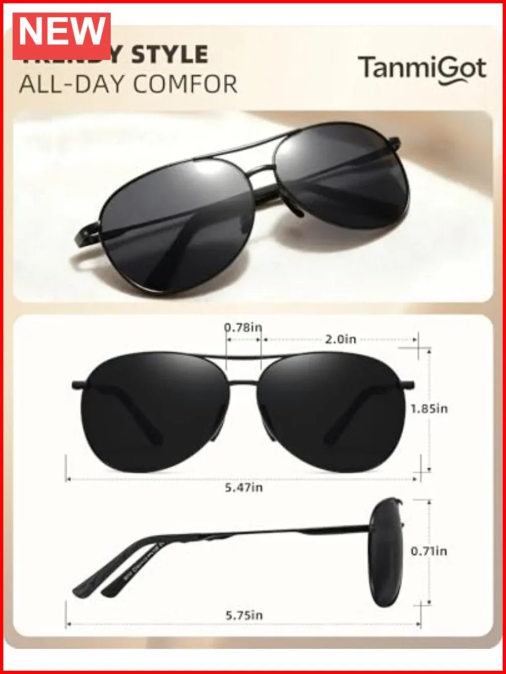 Polarized UV400 Aviator Sunglasses with Metal Frame for Driving Sports
